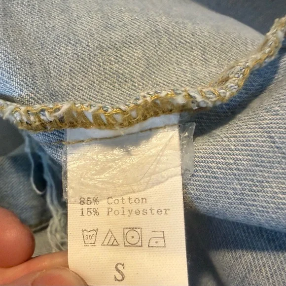 Distressed Denim Jacket Graphic Quote Stars Oversized Light Wash S - Picture 3 of 8